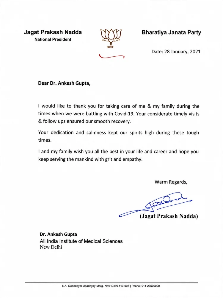 Union Health Minister testimonial